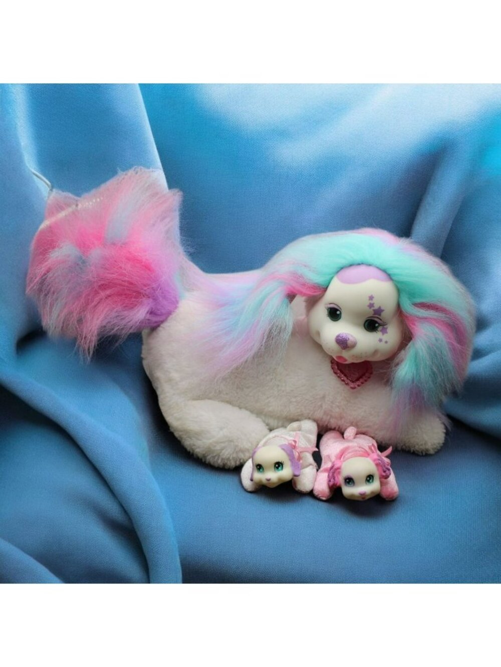 2018 Puppy Surprise White Dog 2 Puppies Just Play Pink Purple Blue 11" Long